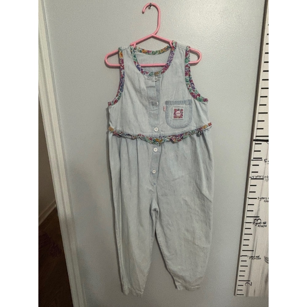 Vintage Little Levis Girls Light Wash Denim Floral Ruffle Jumpsuit USA 1980